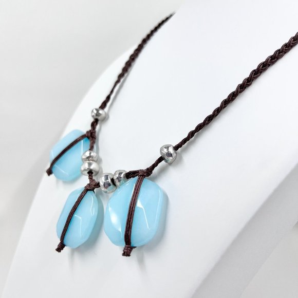 BOHO Vibes Baby Blue Dyed Quarts Braided Brown Cord 18” Necklace - Picture 3 of 7